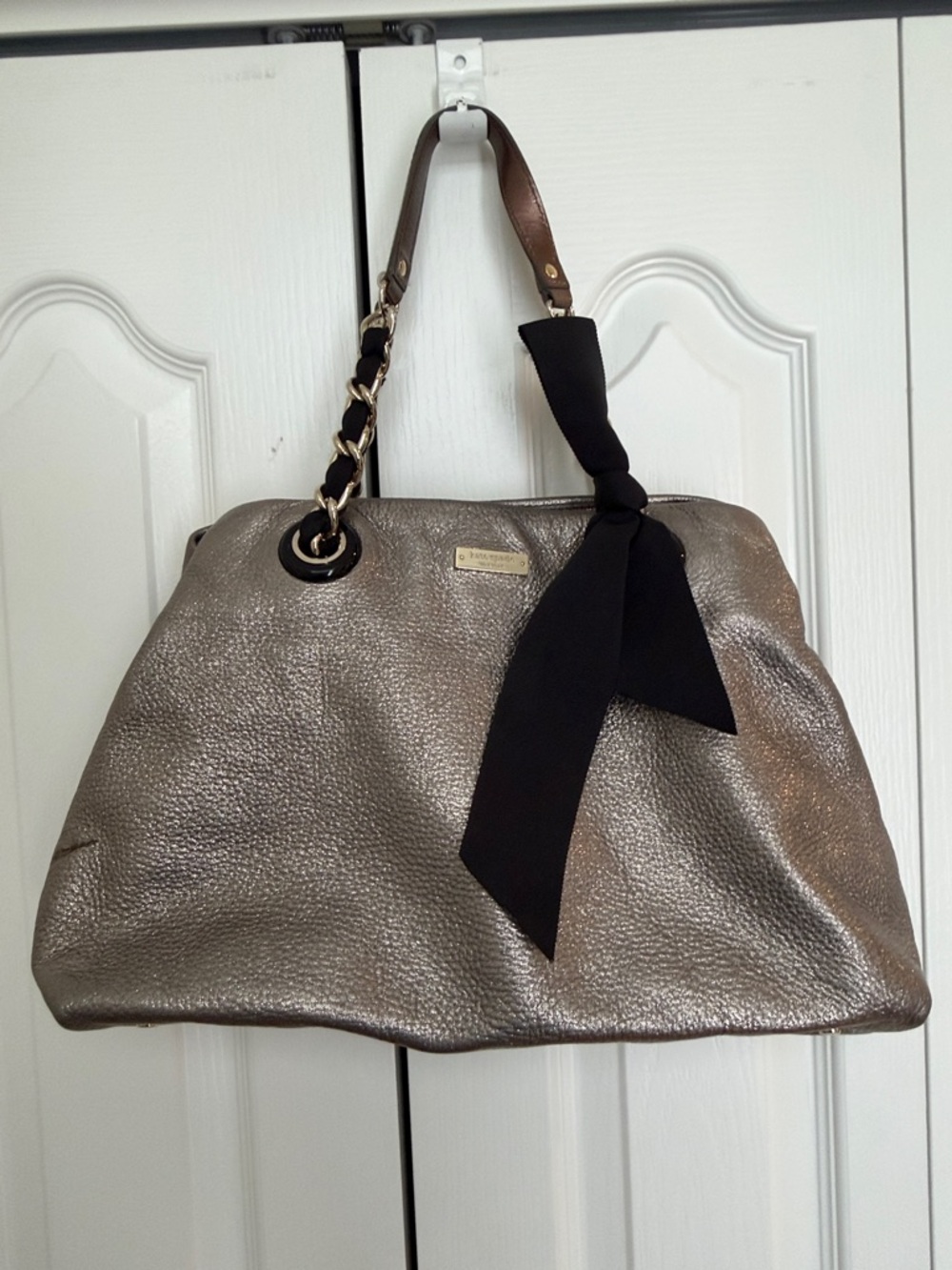 Kate Spade Metallic Pewter Silver Tote Bag with Ribbon Bow Accent Chain Straps